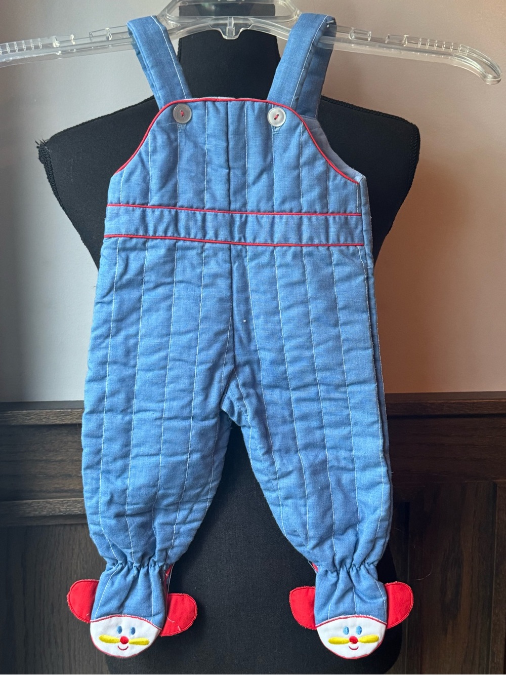 Vintage Tiny Tots original Blue Quilted Airplane Overalls with Red Trim 6/9m